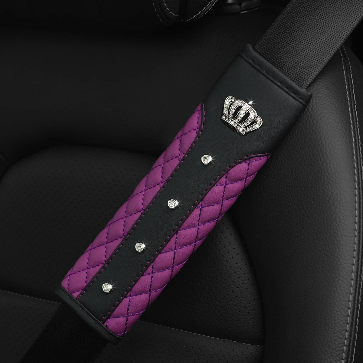 3D Diamond Crown Seat Belt Shoulder Guard – Luxury Leather Car Interior Accessory