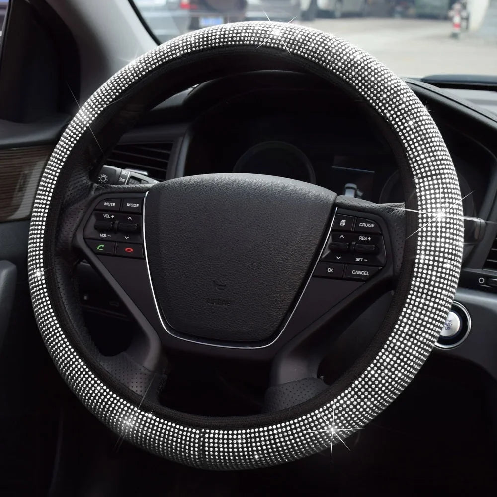 Universal 38cm Crystal Rhinestone Steering Wheel Cover – Breathable Anti-Slip Bling Design for Women