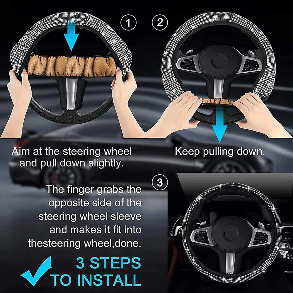 Universal 38cm Crystal Rhinestone Steering Wheel Cover – Breathable Anti-Slip Bling Design for Women