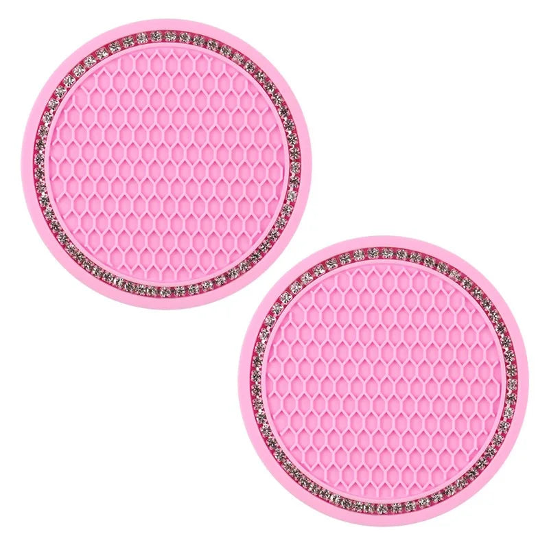 Bling Rhinestone Car Cup Holder Mats (2pcs) – Stylish Anti-Slip & Heat Resistant Interior Accessory