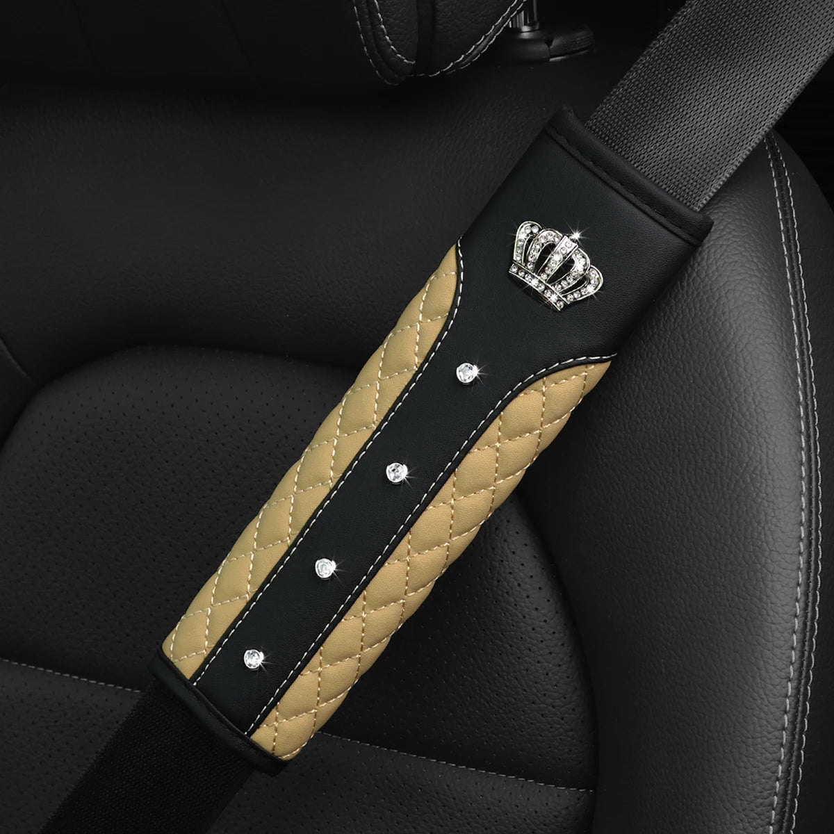 3D Diamond Crown Seat Belt Shoulder Guard – Luxury Leather Car Interior Accessory