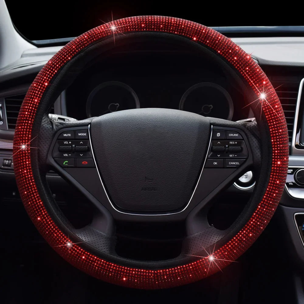 Universal 38cm Crystal Rhinestone Steering Wheel Cover – Breathable Anti-Slip Bling Design for Women