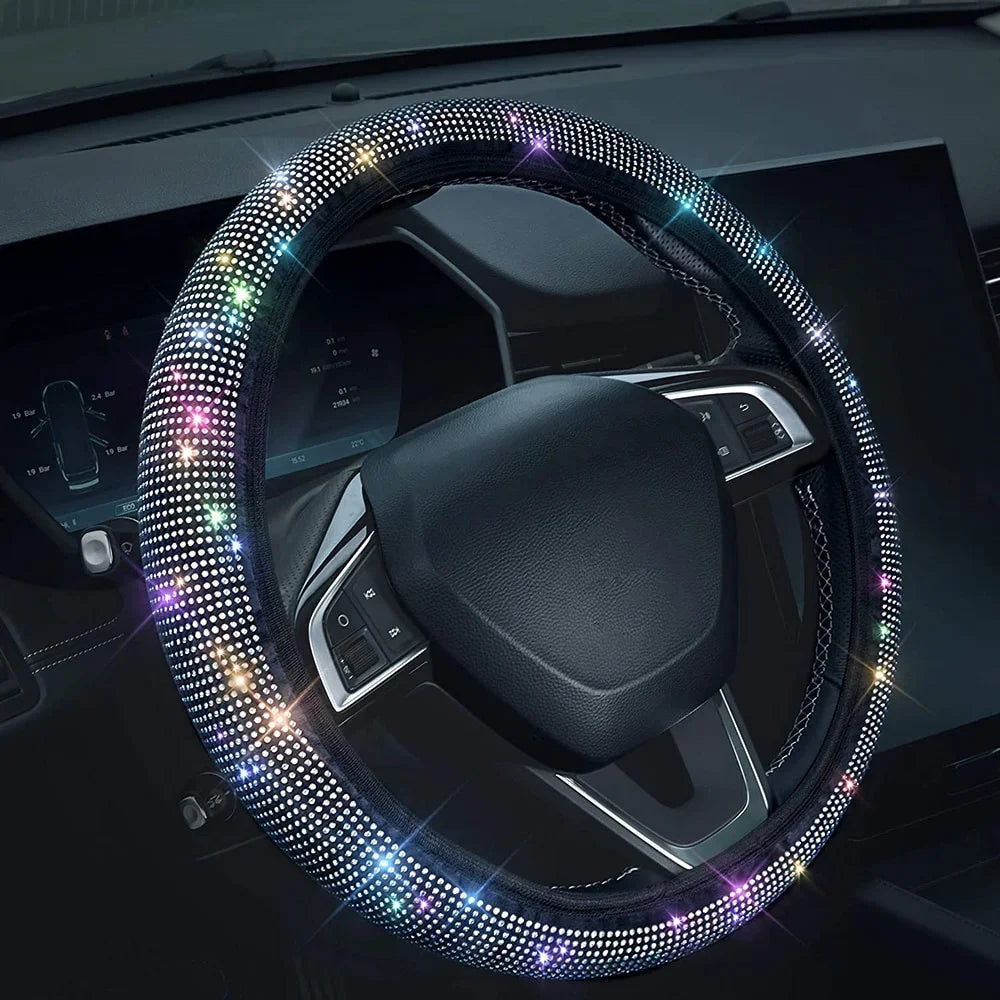 Universal 38cm Crystal Rhinestone Steering Wheel Cover – Breathable Anti-Slip Bling Design for Women